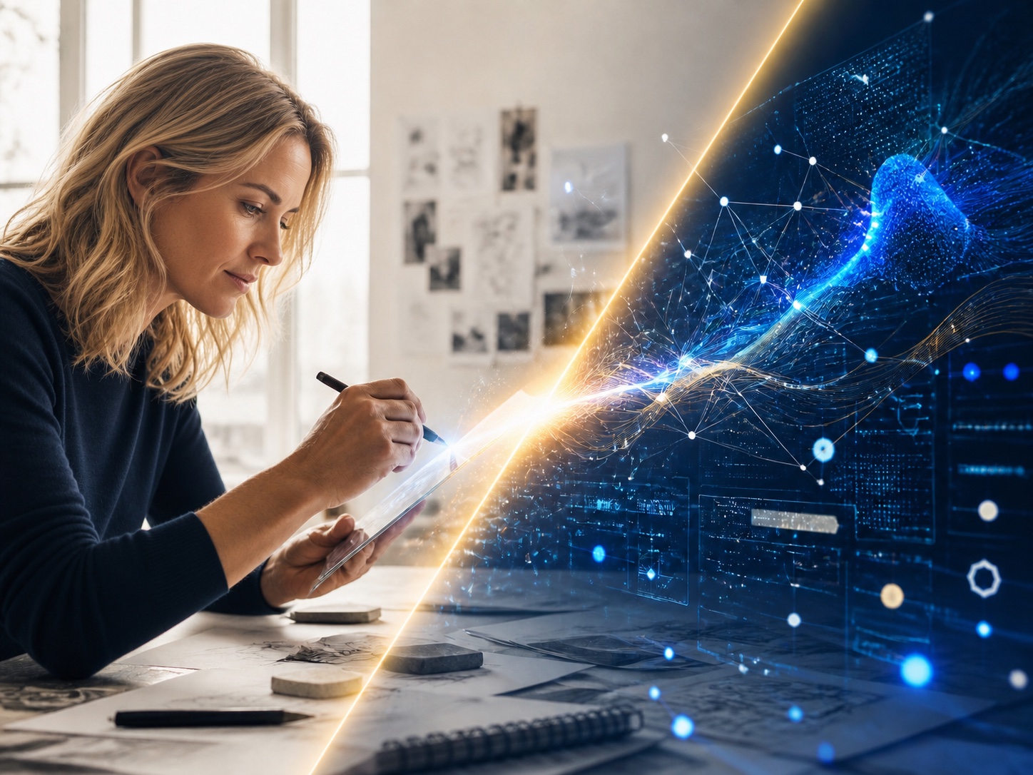 Una professionista bionda unisce creatività umana e intelligenza artificiale